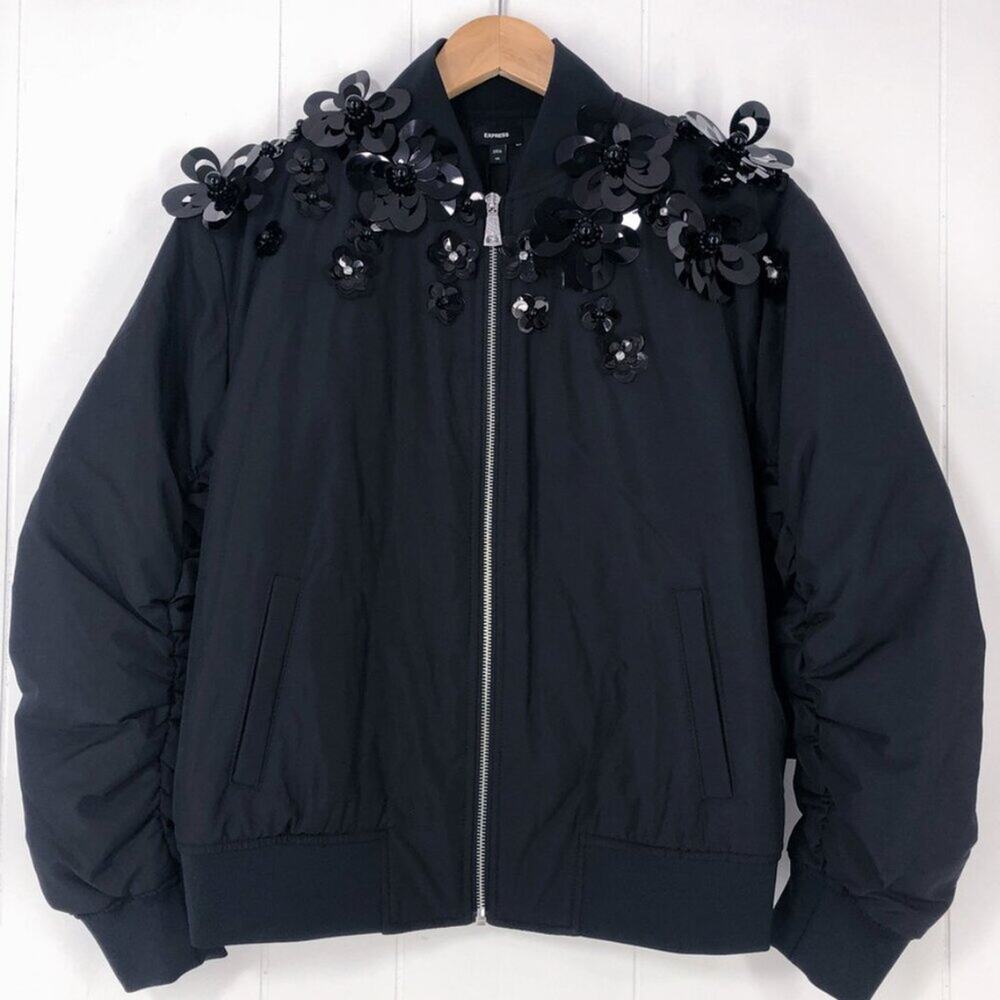 Express Bomber Jacket Floral Embellished Oversized Pockets Size XS Black
